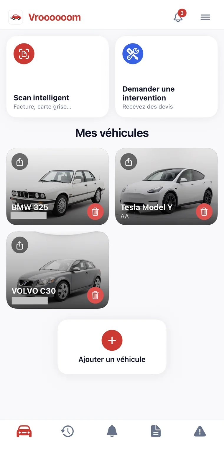 Écran d'accueil : la liste des véhicules